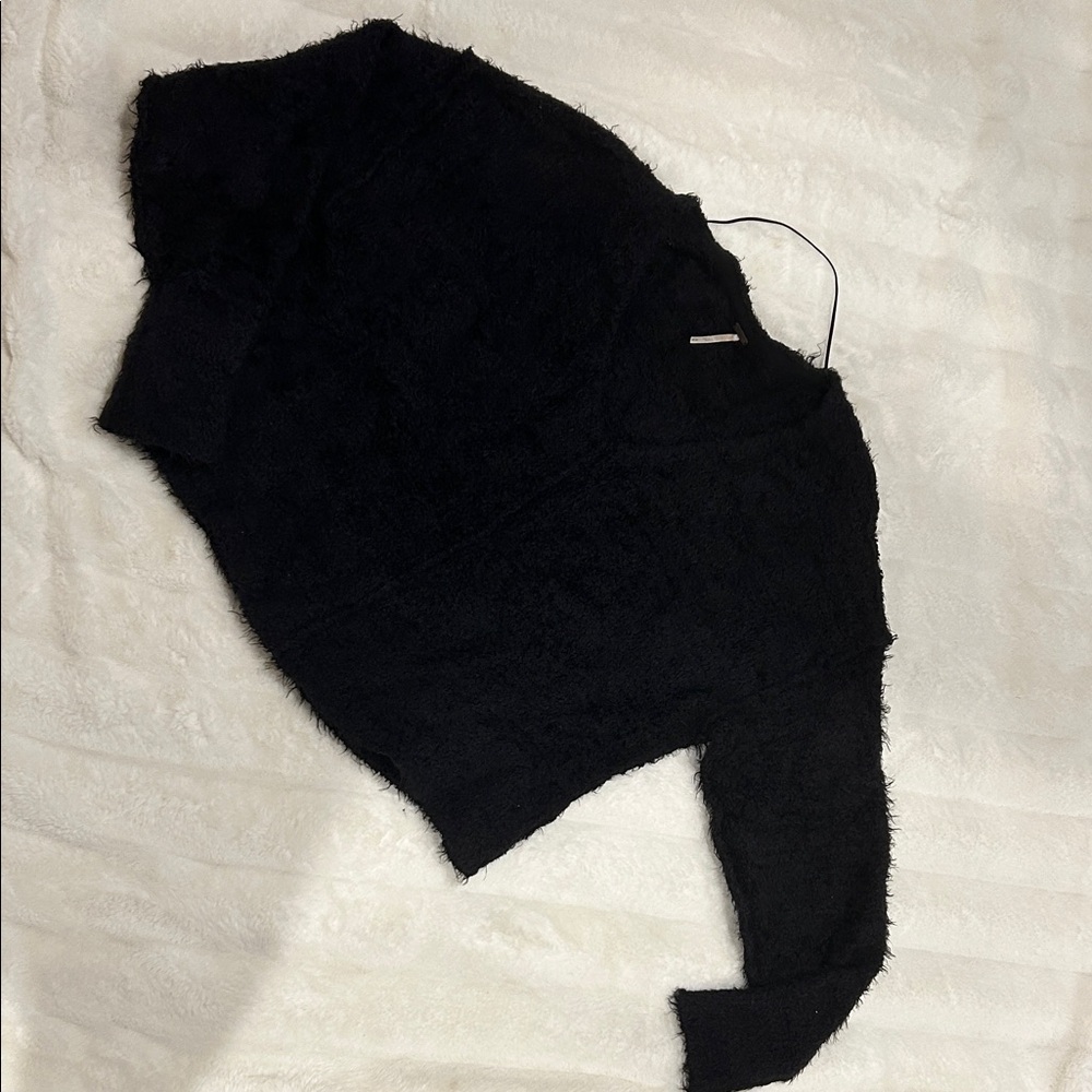 Free People Black Fuzzy V-Neck Sweater